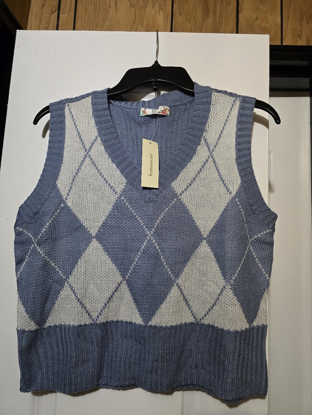 Francesca's Collection Women's Blue & White Argyle V‑Neck Sweater Vest - Size XL